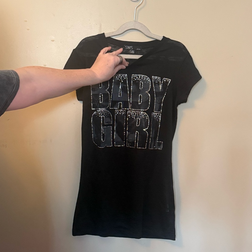 SWS Black Baby Girl T Shirt Medium Y2K Rhinestone - Picture 2 of 4